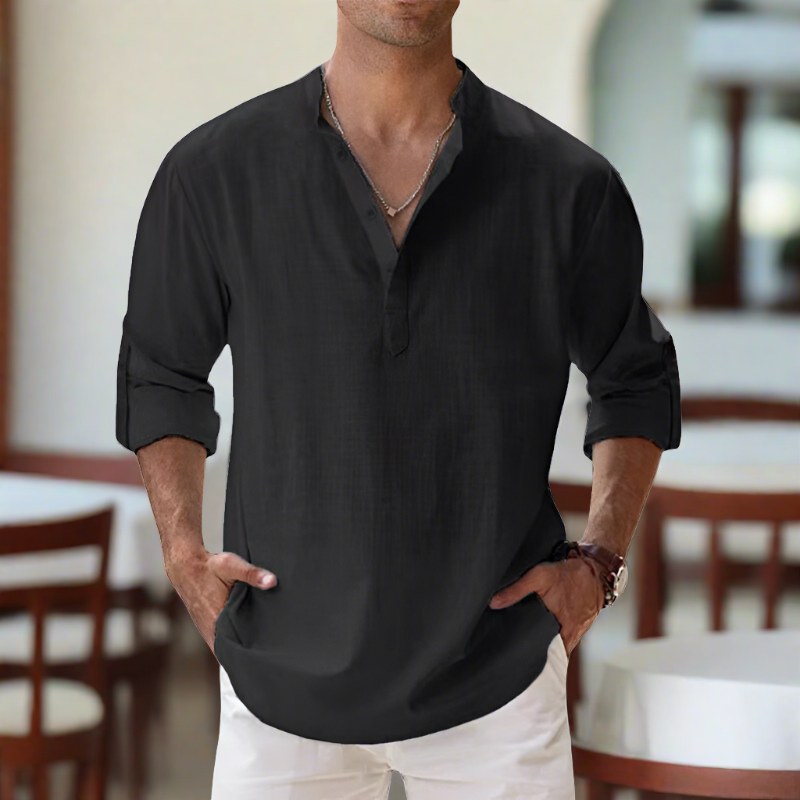 Augustin Shirt with V-Neck in Black