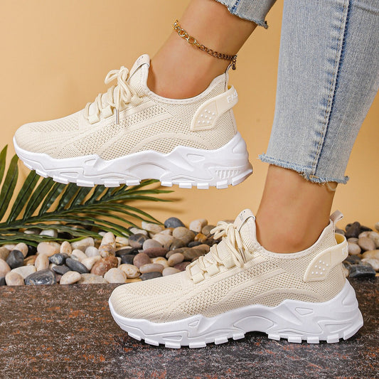 Aura Women's Knit Mesh Lace-Up Chunky Sole Trainers in Khaki