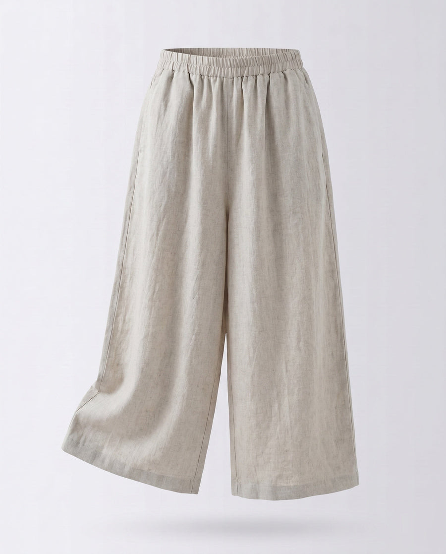 Aurelia Linen Trousers with Elastic Waist in Beige