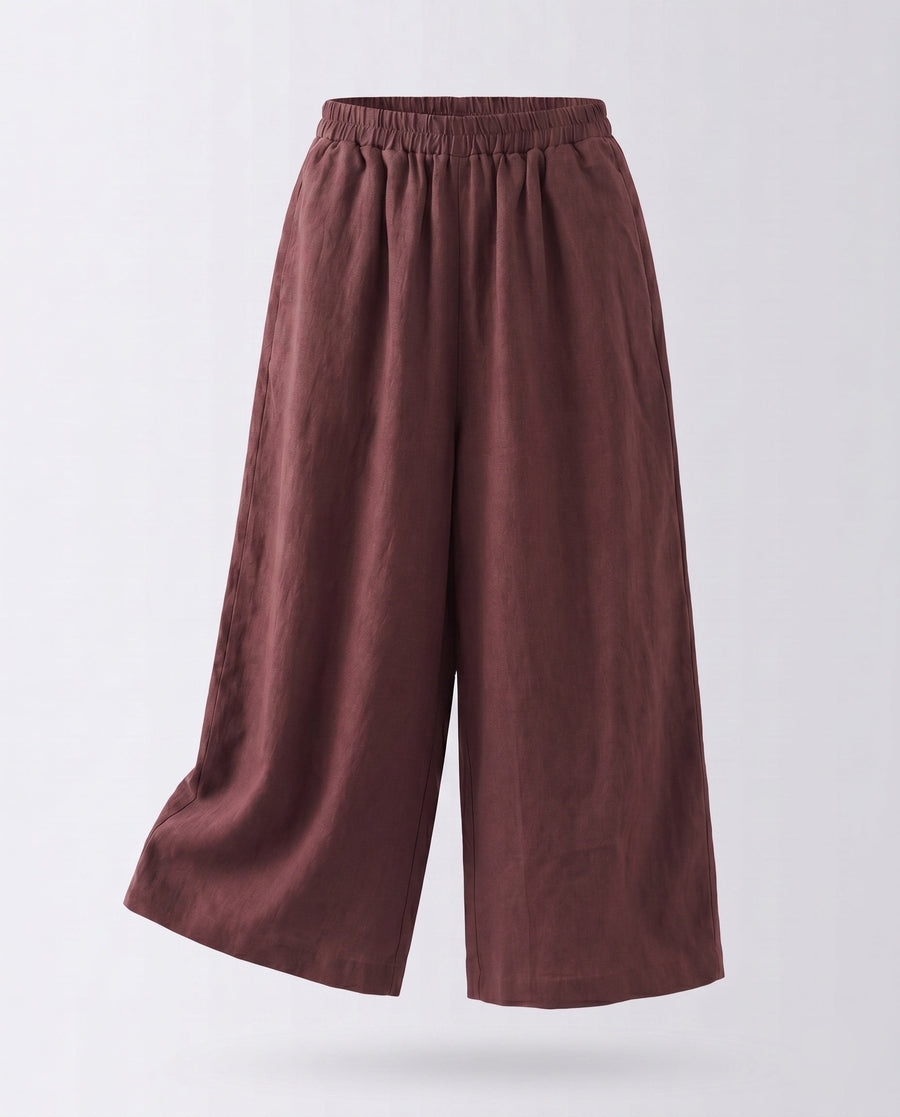 Aurelia Linen Trousers with Elastic Waist in Dark Red