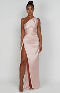 Aurelia Satin Dress with Side Split and Pleated