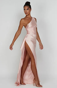 Aurelia Satin Dress with Side Split and Pleated