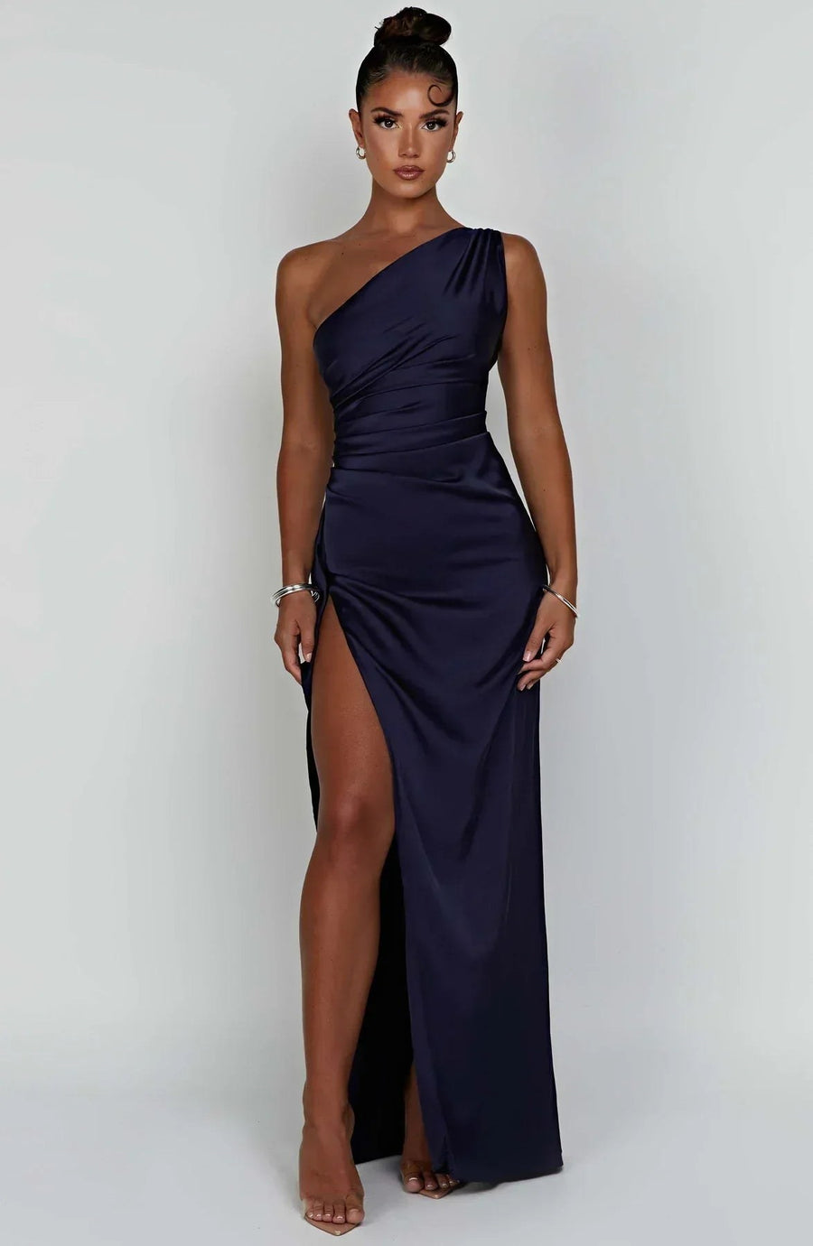 Aurelia Satin Dress with Side Split and Pleated