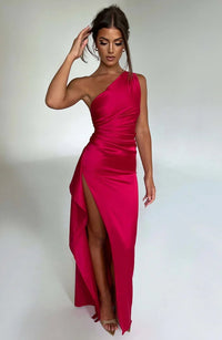 Aurelia Satin Dress with Side Split and Pleated
