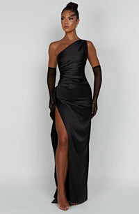 Aurelia Satin Dress with Side Split and Pleated