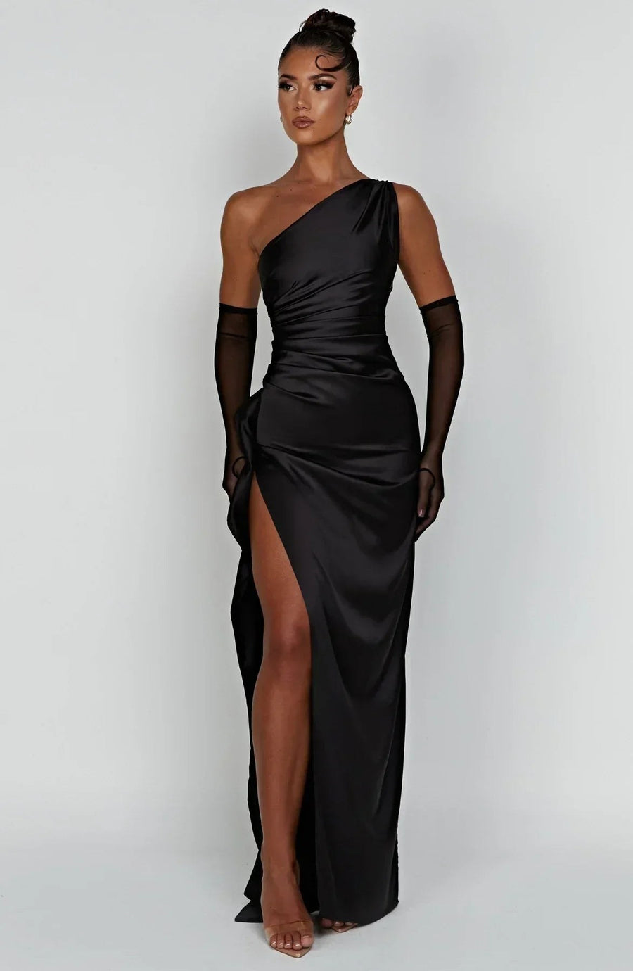 Aurelia Satin Dress with Side Split and Pleated