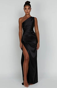 Aurelia Satin Dress with Side Split and Pleated