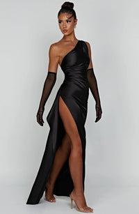 Aurelia Satin Dress with Side Split and Pleated