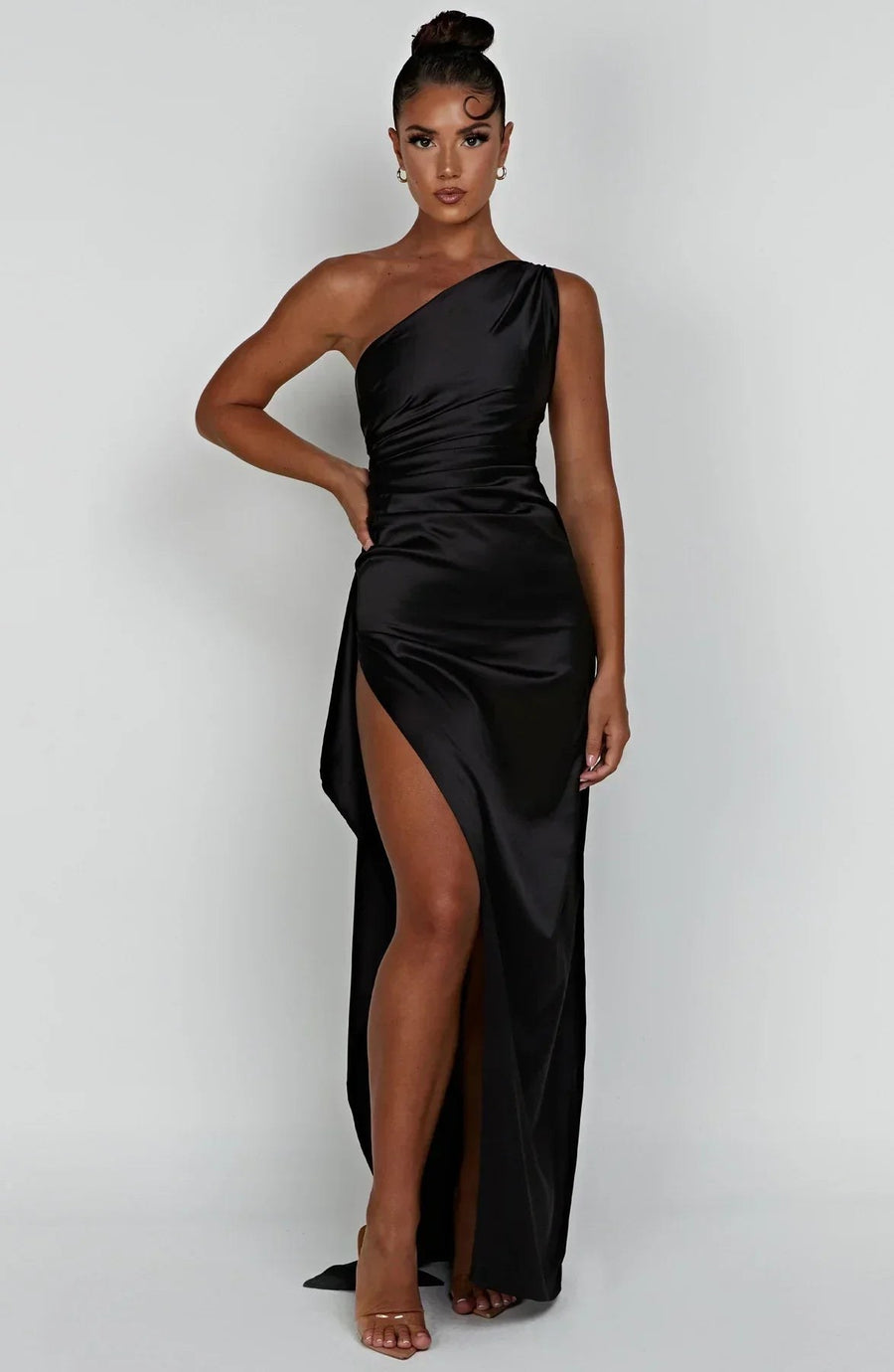 Aurelia Satin Dress with Side Split and Pleated