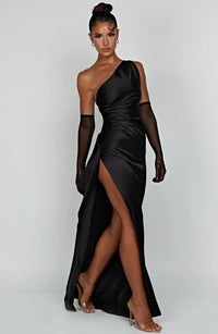 Aurelia Satin Dress with Side Split and Pleated