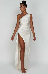 Aurelia Satin Dress with Side Split and Pleated