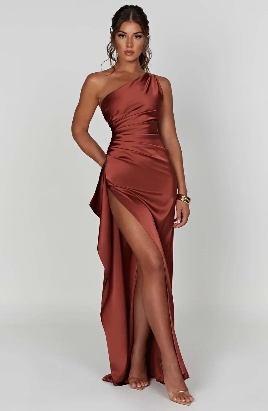 Aurelia Satin Dress with Side Split and Pleated