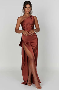 Aurelia Satin Dress with Side Split and Pleated