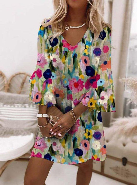 Aurelia Women's Floral Print V-Neck Mini Dress in Floral