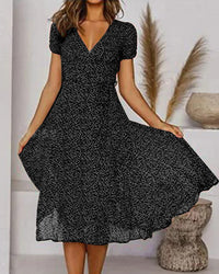 Aurora Women's V-Neck Puff Sleeve Fit and Flare Midi Dress in Black