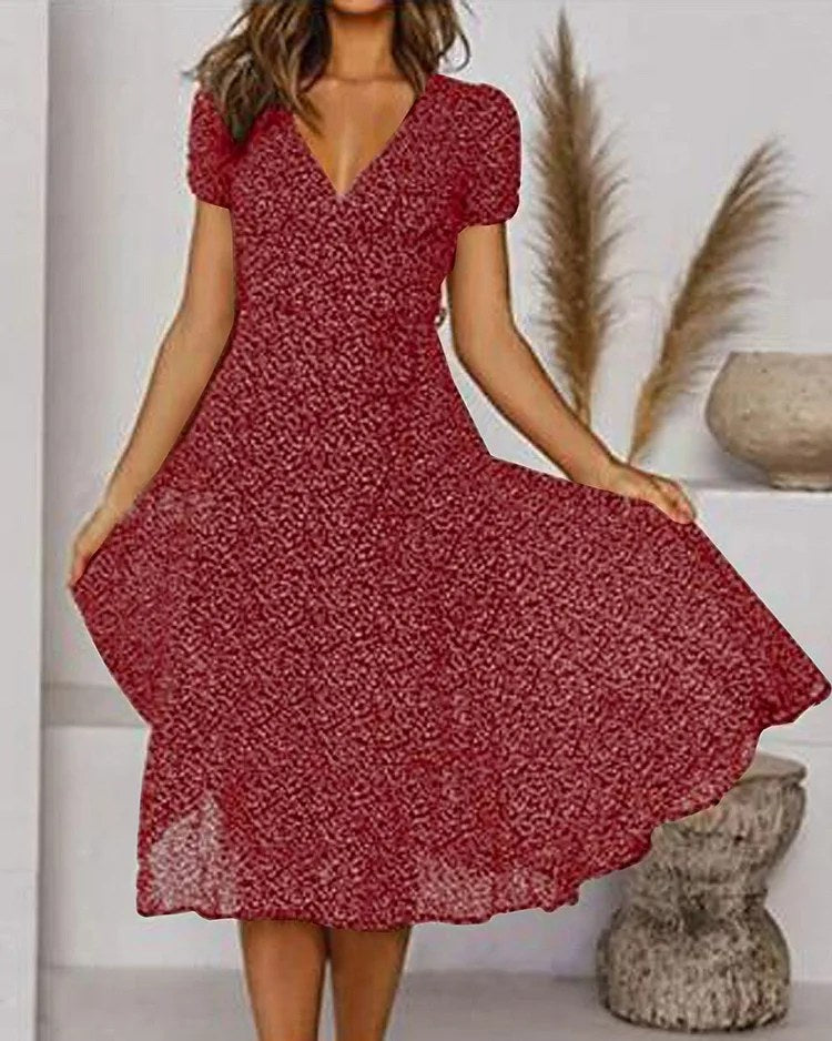 Aurora Women's V-Neck Puff Sleeve Fit and Flare Midi Dress in Burgundy