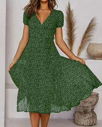 Aurora Women's V-Neck Puff Sleeve Fit and Flare Midi Dress in Green