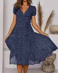 Aurora Women's V-Neck Puff Sleeve Fit and Flare Midi Dress in Navy Blue