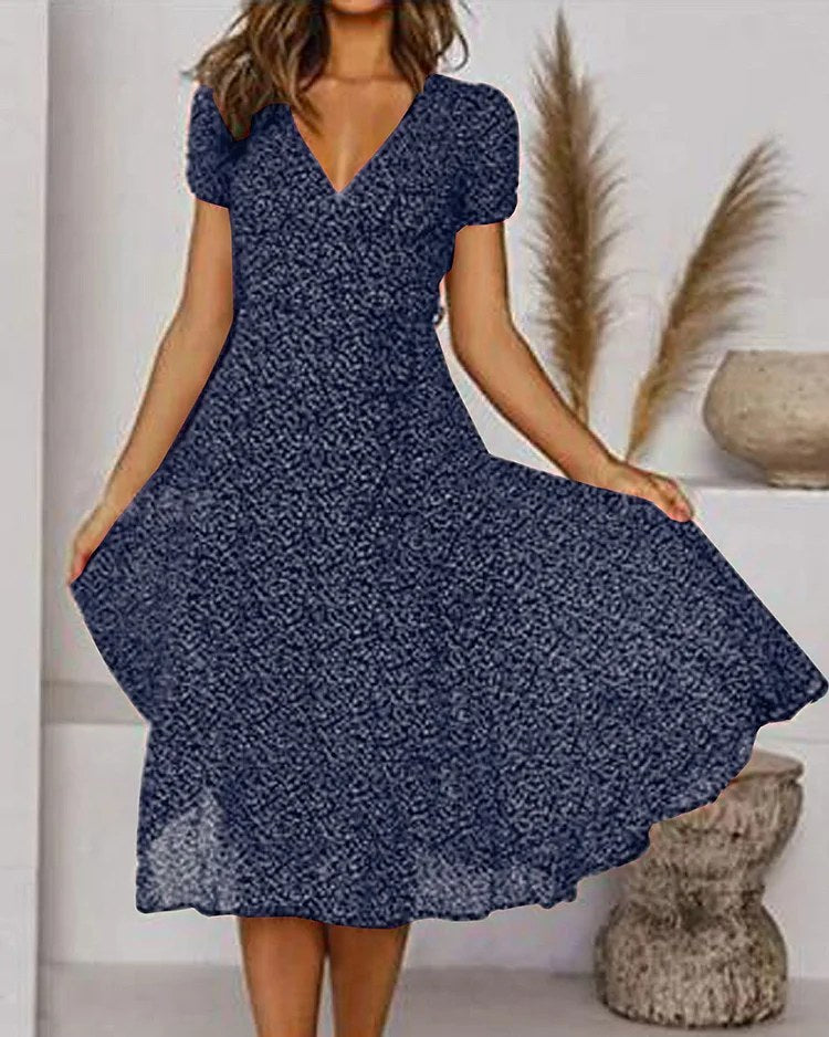 Aurora Women's V-Neck Puff Sleeve Fit and Flare Midi Dress in Navy Blue