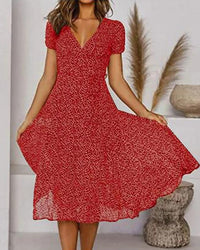 Aurora Women's V-Neck Puff Sleeve Fit and Flare Midi Dress in Red