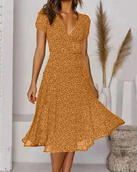 Aurora Women's V-Neck Puff Sleeve Fit and Flare Midi Dress in Yellow