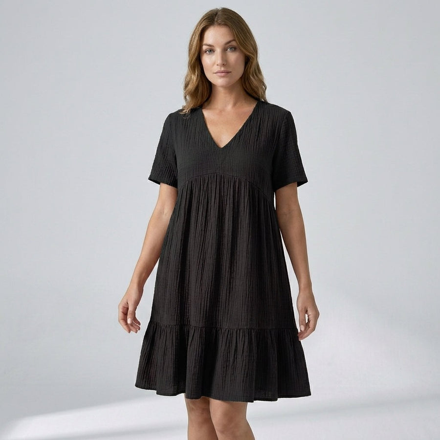 Ava Tiered Ruffle Mini Dress in Onyx