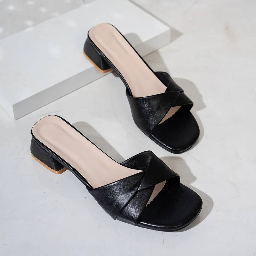Ava Women's Twisted Strap Low Block Heel Mule Sandals in Black