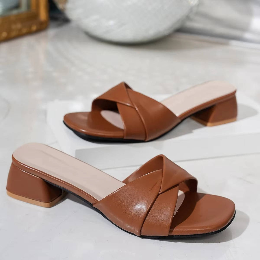 Ava Women's Twisted Strap Low Block Heel Mule Sandals in Brown