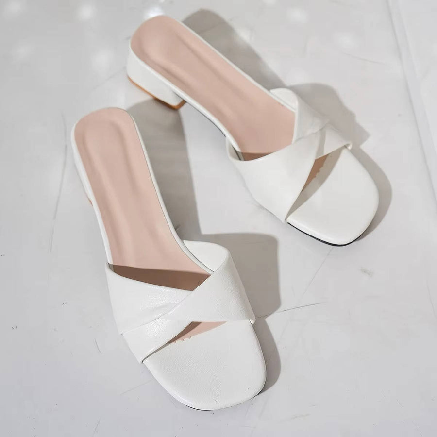 Ava Women's Twisted Strap Low Block Heel Mule Sandals in White