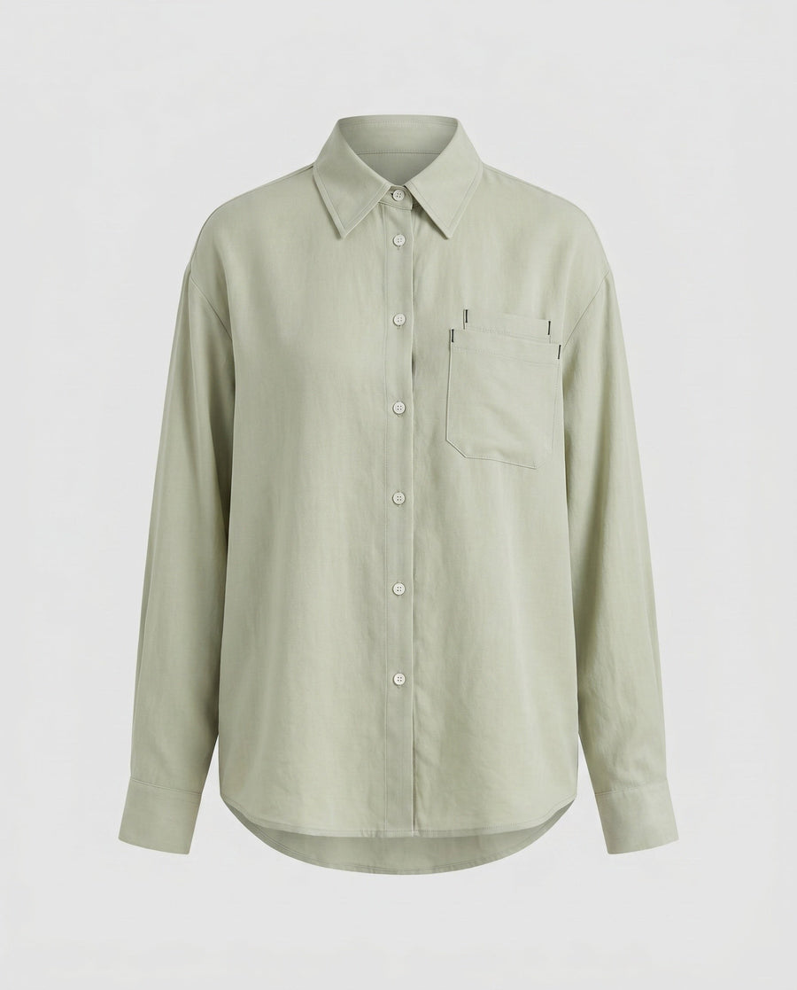 Aveline Linen Blouse with Chest Pocket in Salbeigrün