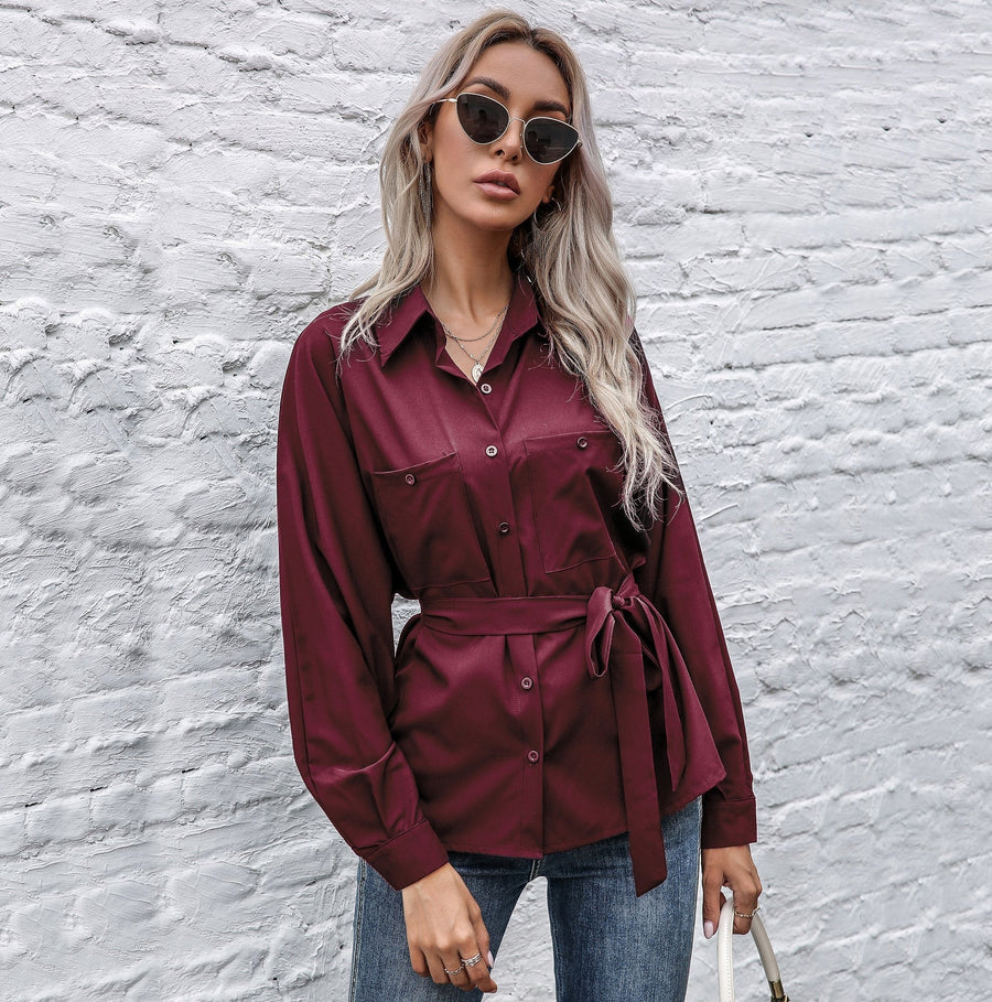 Abelona | Women's Waist Belt Belted Satin Elegant Blouse Top