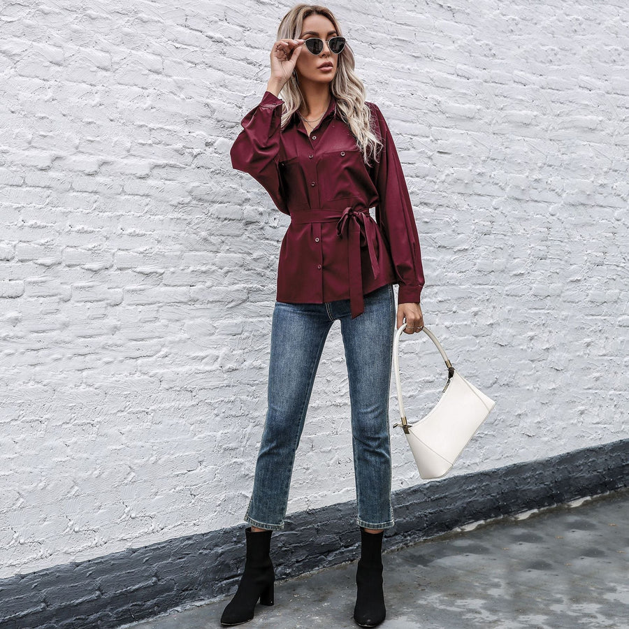 Abelona | Women's Waist Belt Belted Satin Elegant Blouse Top