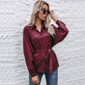 Abelona | Women's Waist Belt Belted Satin Elegant Blouse Top