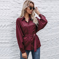 Abelona | Women's Waist Belt Belted Satin Elegant Blouse Top