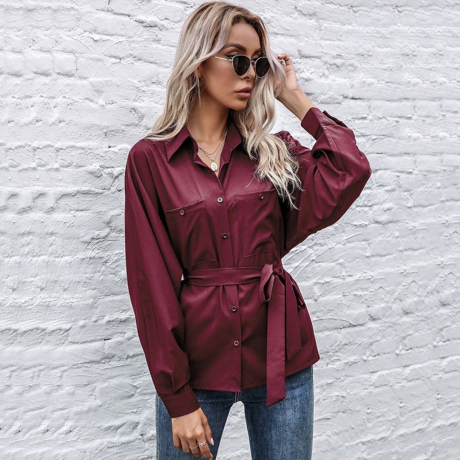 Abelona | Women's Waist Belt Belted Satin Elegant Blouse Top