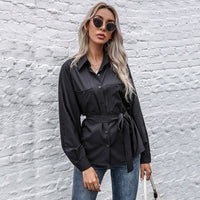 Abelona | Women's Waist Belt Belted Satin Elegant Blouse Top in Black
