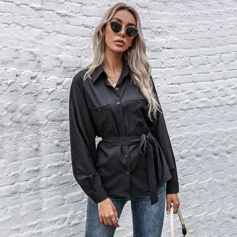 Abelona | Women's Waist Belt Belted Satin Elegant Blouse Top in Black