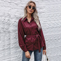 Abelona | Women's Waist Belt Belted Satin Elegant Blouse Top in Wine Red