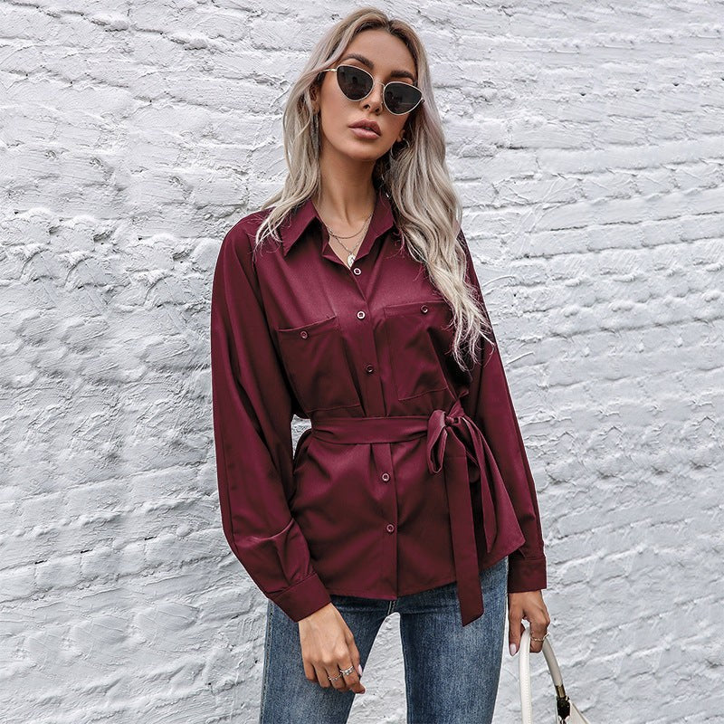 Abelona | Women's Waist Belt Belted Satin Elegant Blouse Top in Wine Red