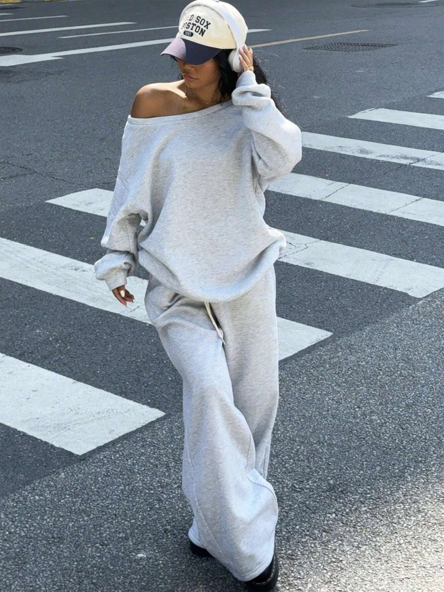 Abelone | Women's Oversized Pockets Tracksuit Set in Gray