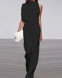 Abigail | Women's High Neck Asymmetric Shoulder Jumpsuit Wide-Leg Formal in Black