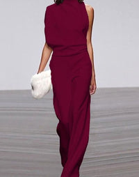 Abigail | Women's High Neck Asymmetric Shoulder Jumpsuit Wide-Leg Formal in Dark Red
