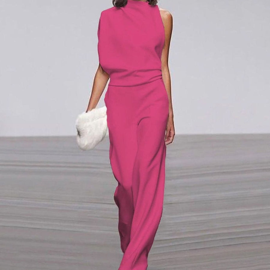 Abigail | Women's High Neck Asymmetric Shoulder Jumpsuit Wide-Leg Formal in Fuchsia