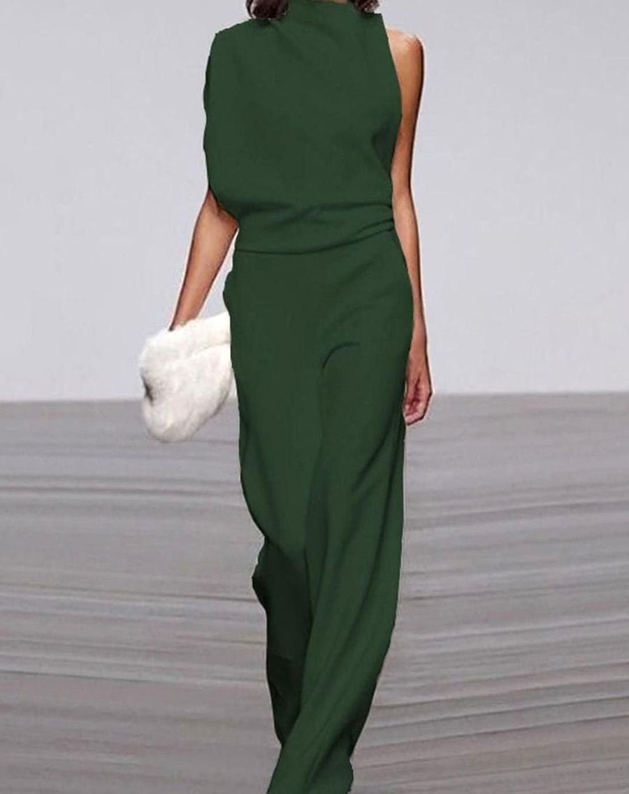 Abigail | Women's High Neck Asymmetric Shoulder Jumpsuit Wide-Leg Formal in Green