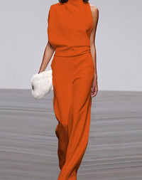 Abigail | Women's High Neck Asymmetric Shoulder Jumpsuit Wide-Leg Formal in Orange