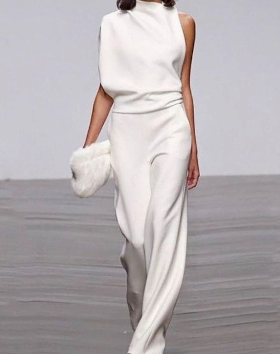 Abigail | Women's High Neck Asymmetric Shoulder Jumpsuit Wide-Leg Formal in White