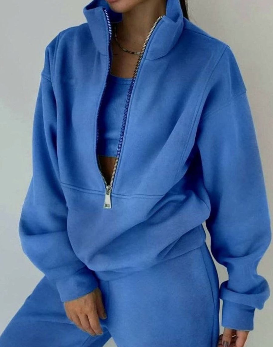 Adeline | Women's Oversized Half-Zip Cropped Jogger Two-Piece Set in Blue