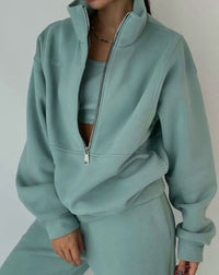 Adeline | Women's Oversized Half-Zip Cropped Jogger Two-Piece Set in Green