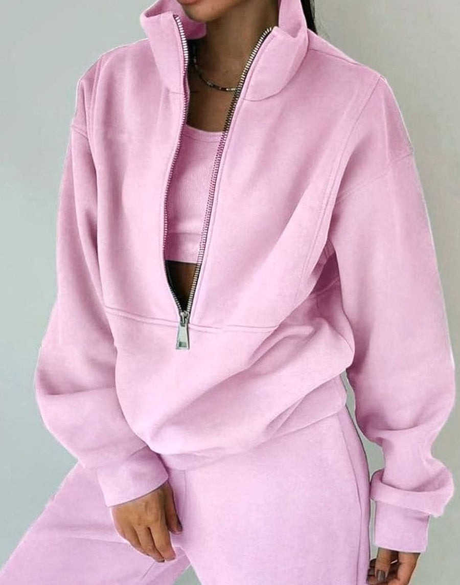 Adeline | Women's Oversized Half-Zip Cropped Jogger Two-Piece Set in Pink