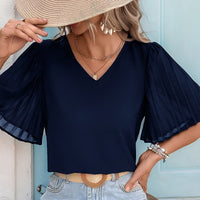 Adoria | Women's V-Neck Short Sleeve Elegant Top in Dark Blue